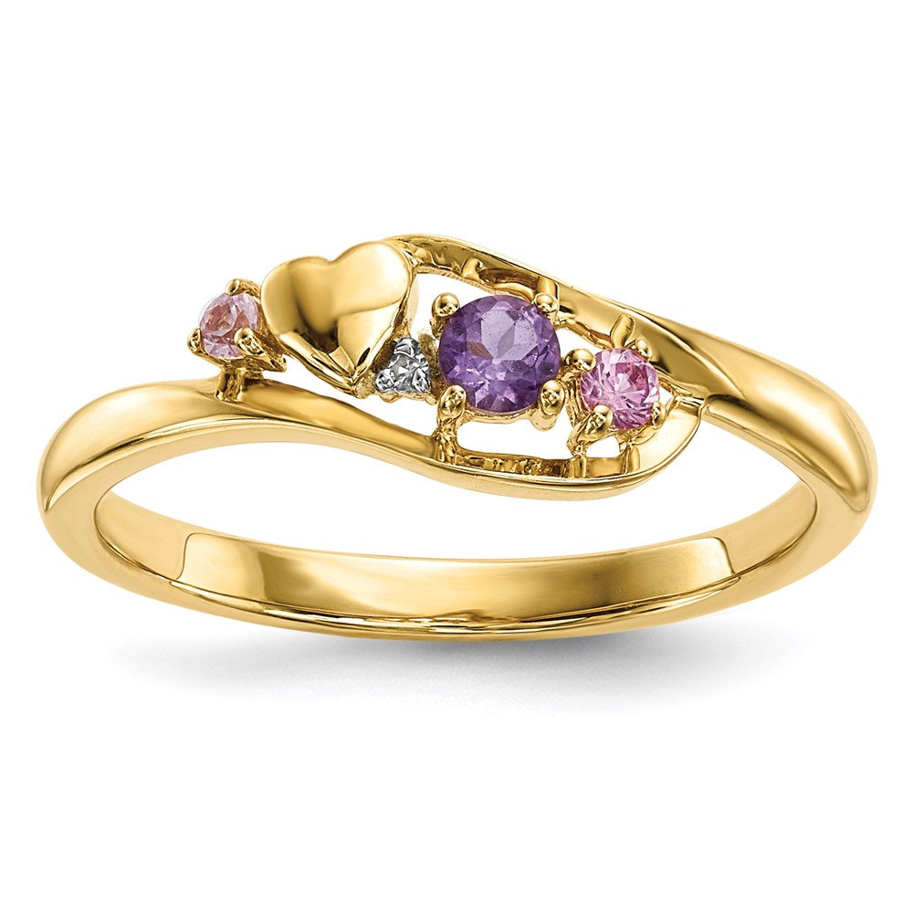 14K Gold w/ Amethyst & Pink Sapphire & Real Diamond Heart Ring