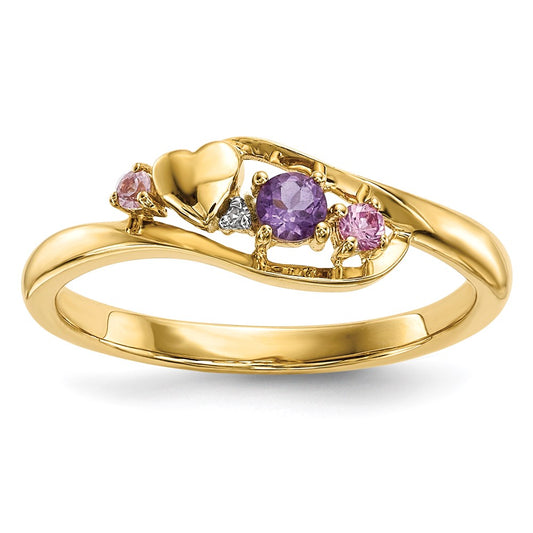 14K Gold w/ Amethyst & Pink Sapphire & Real Diamond Heart Ring