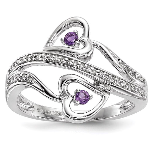 14k White Gold Amethyst Hearts Ring