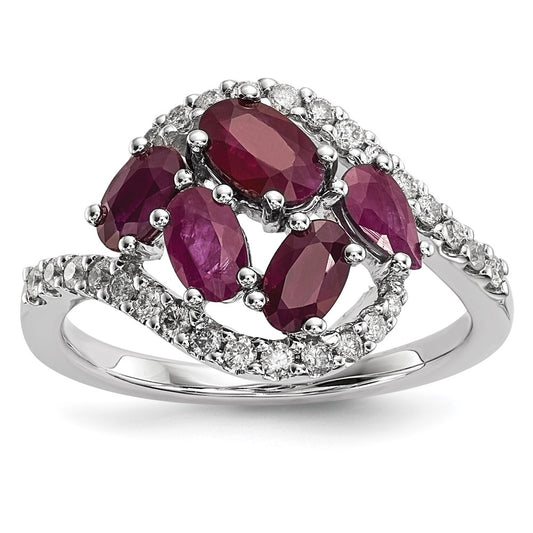 14k White Gold Real Diamond and Ruby Polished Ring