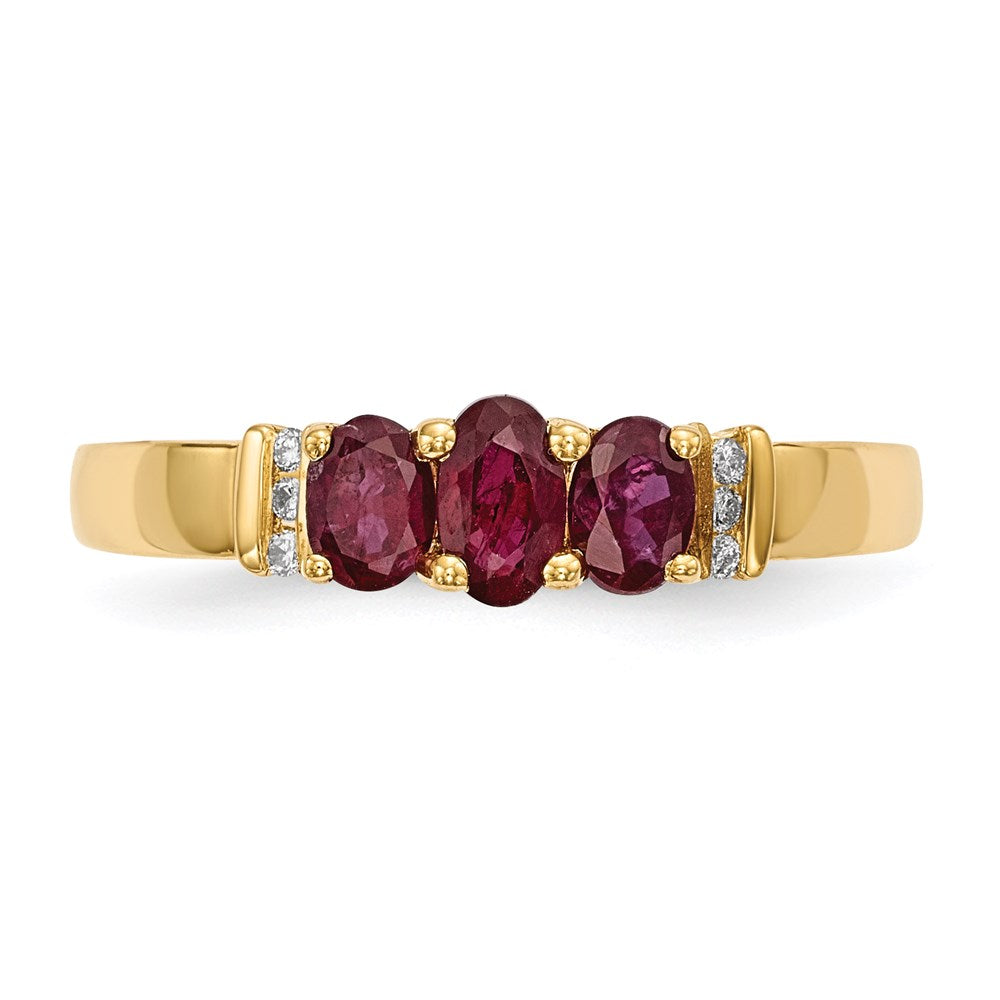 14K Yellow Gold Polished Triple Ruby and Real Diamond Ring