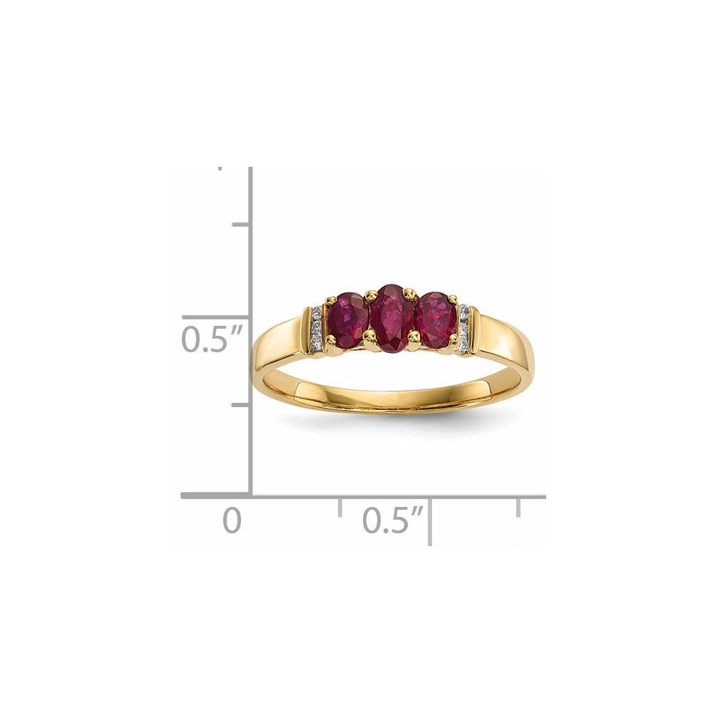 14K Yellow Gold Polished Triple Ruby and Real Diamond Ring