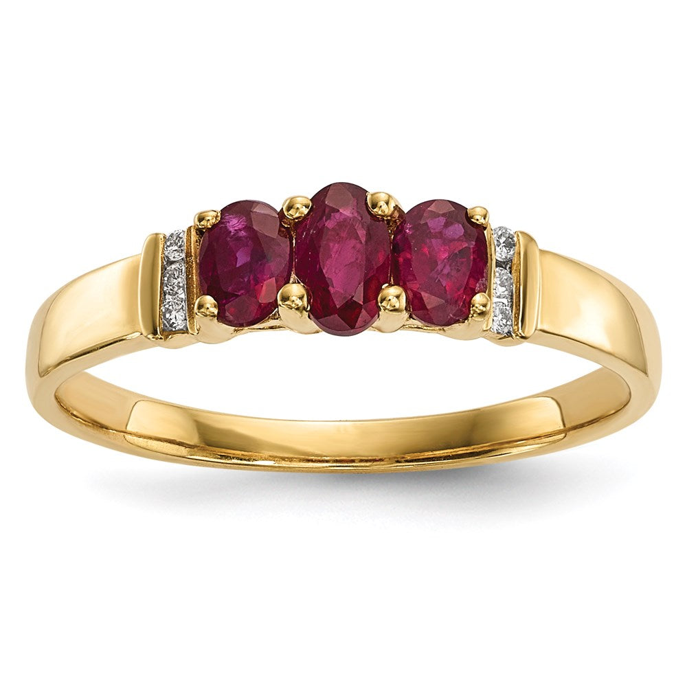 14K Yellow Gold Polished Triple Ruby and Real Diamond Ring