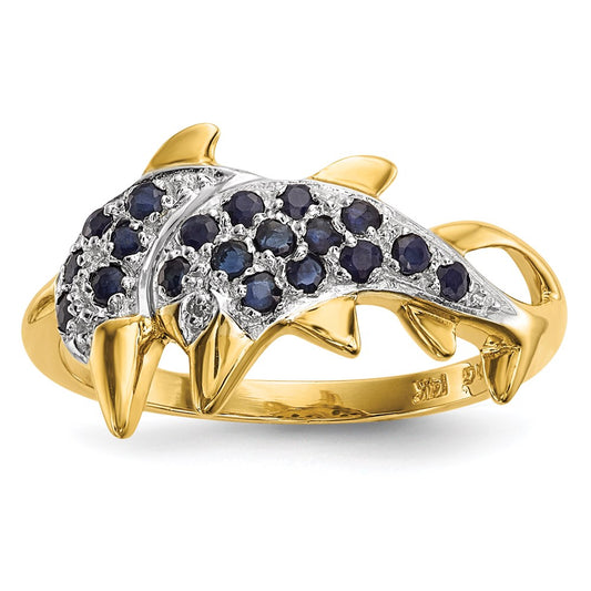 14K Gold w/ Rhodium Real Diamond & Sapphire Polished Dolphins Ring