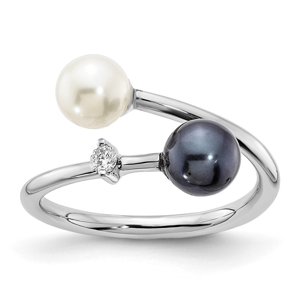 14k White Gold 5-6mm Round Black & White Saltwater Akoya Pearl Dia. Adj. Ring