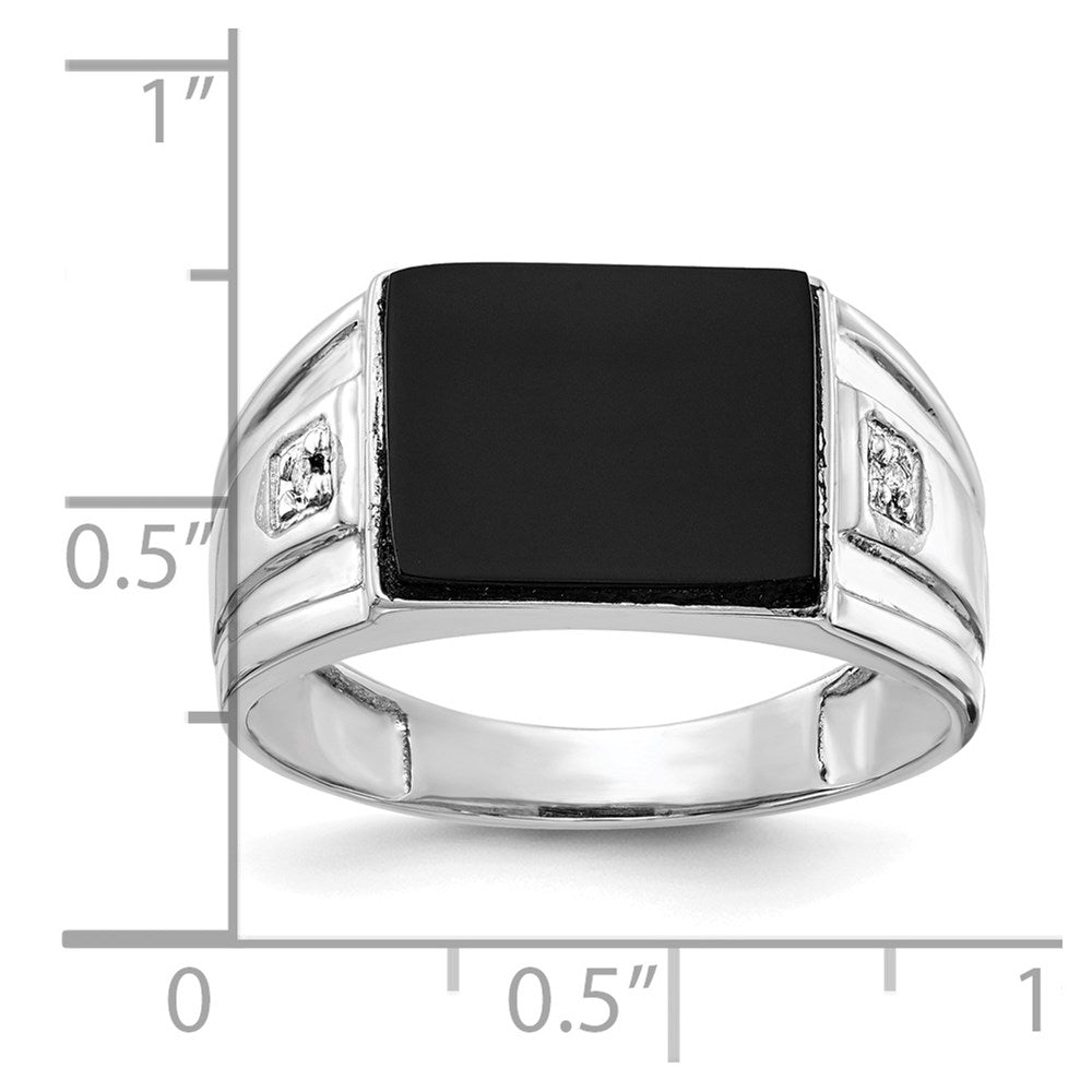 14K White Gold Men's Real Diamond and Black Onyx Signet Ring