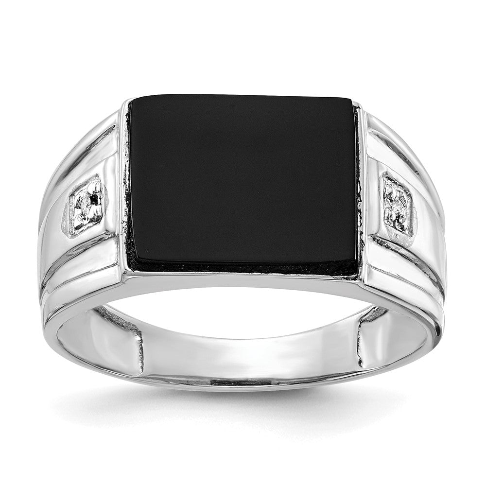 14K White Gold Men's Real Diamond and Black Onyx Signet Ring