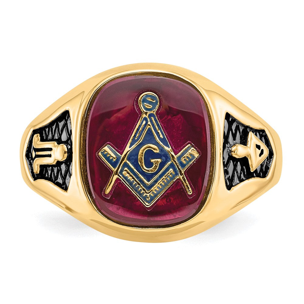 Solid 14k Yellow Gold Men's Synthetic Simulated Ruby Masonic Ring