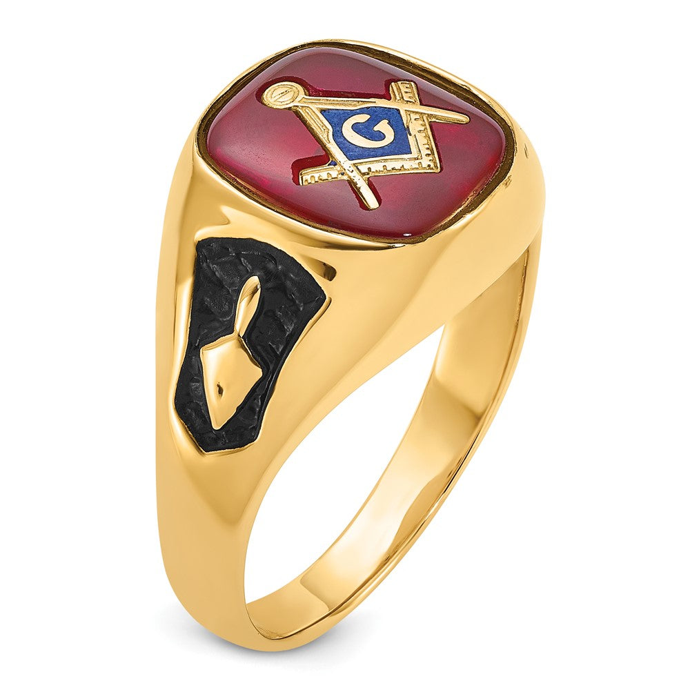 Solid 14k Yellow Gold Men's Synthetic Simulated Ruby Masonic Ring