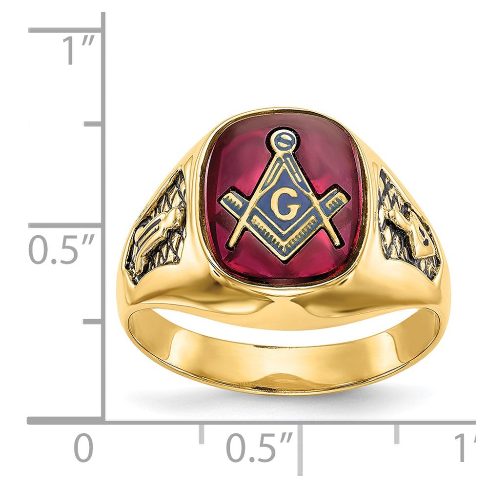 Solid 14k Yellow Gold Men's Synthetic Simulated Ruby Masonic Ring