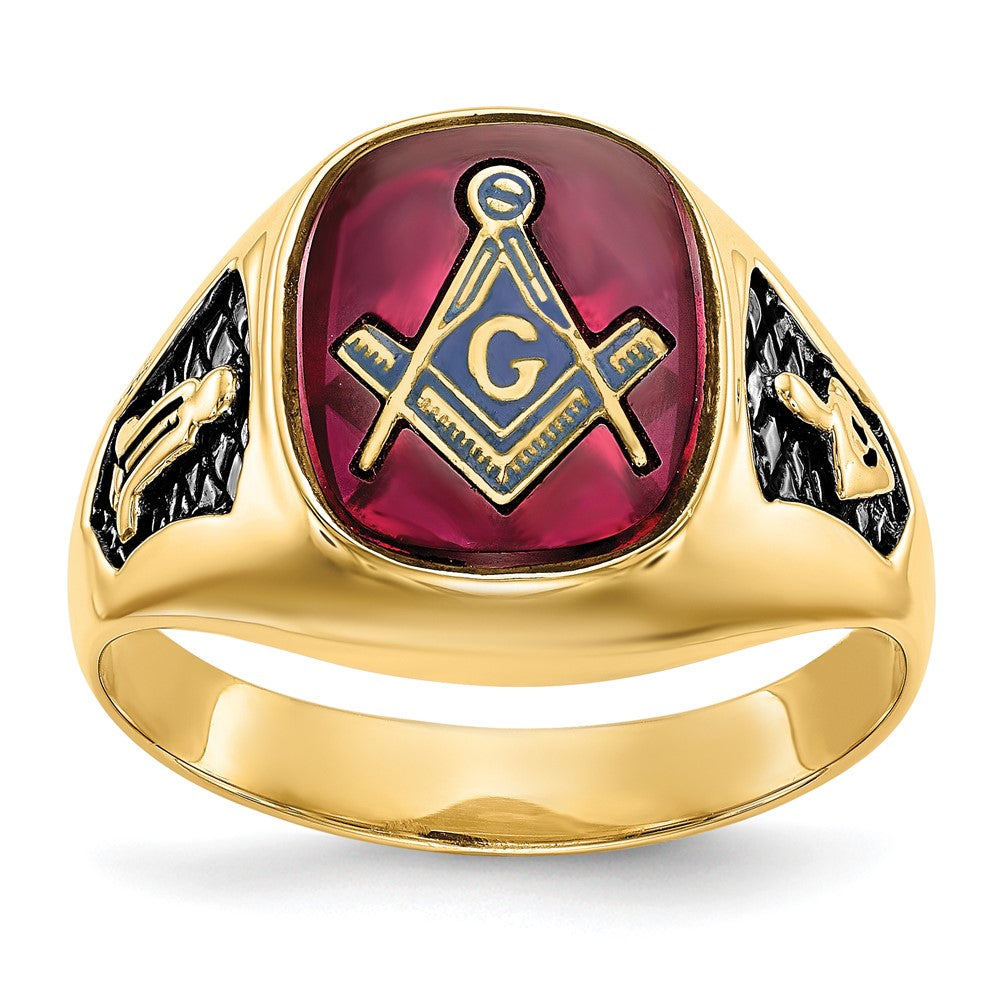 Solid 14k Yellow Gold Men's Synthetic Simulated Ruby Masonic Ring