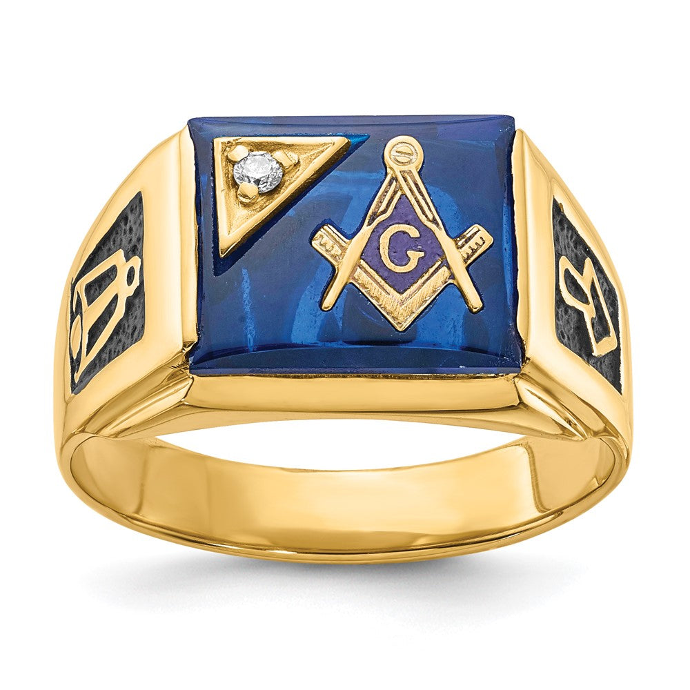 Solid 14k Yellow Gold AAA Simulated CZ Men's Masonic Ring