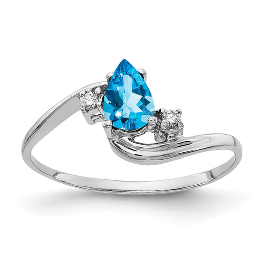 14k White Gold 6x4mm Pear Blue Topaz Checker AA Real Diamond ring