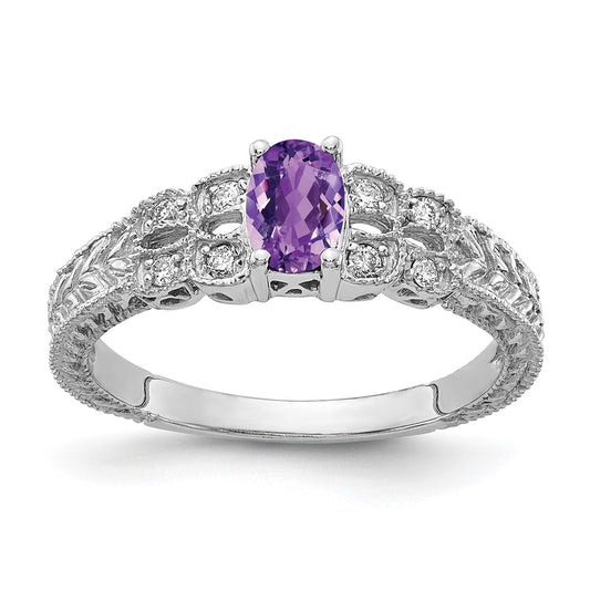 14k White Gold 6x4mm Oval Amethyst Checker VS Real Diamond ring