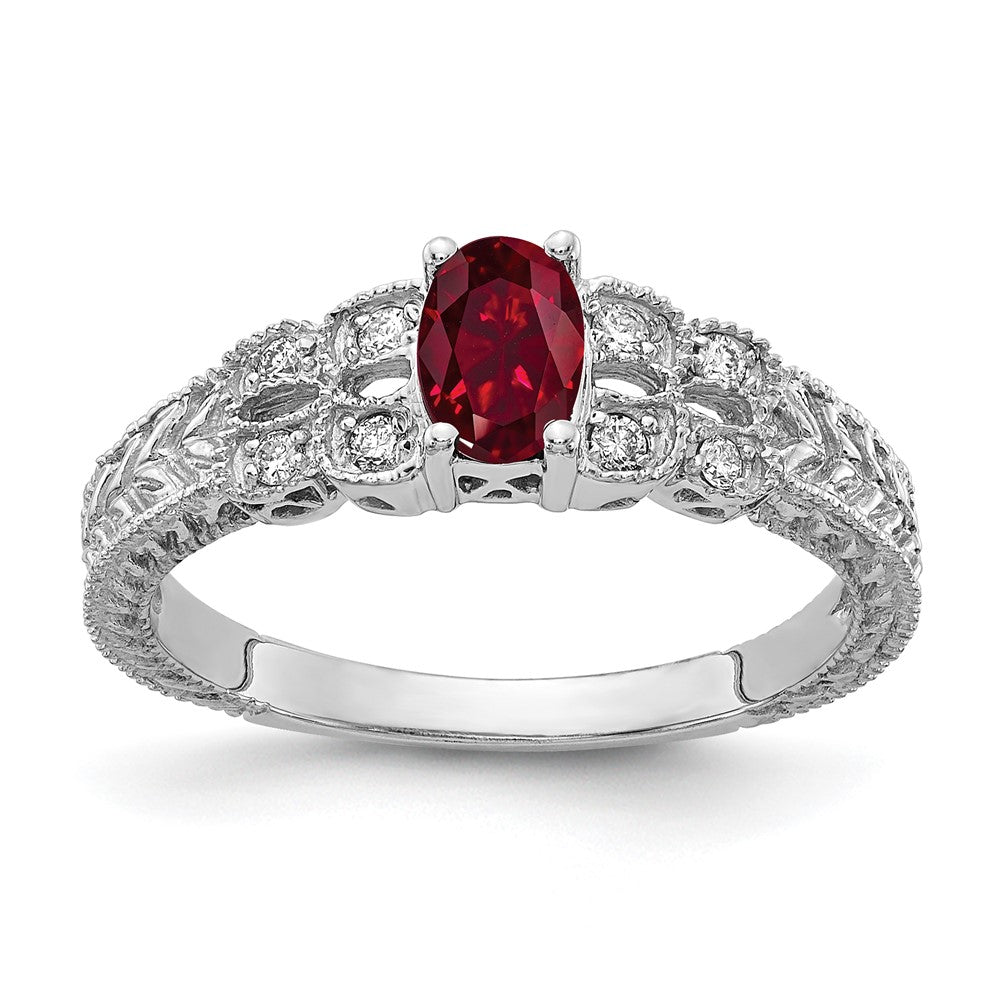 14k White Gold 6x4mm Oval Created Ruby A Real Diamond ring