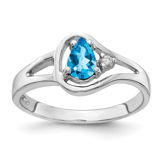 14k White Gold 6x4mm Pear Blue Topaz Checker AAA Real Diamond ring