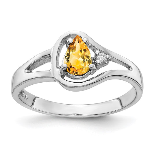 14k White Gold 6x4mm Pear Citrine AA Real Diamond ring