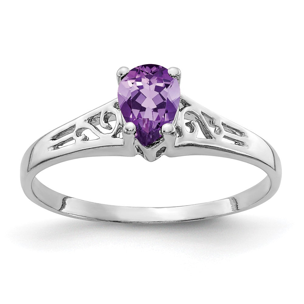 14k White Gold 6x4mm Pear Amethyst Checker ring