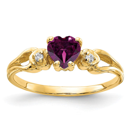 14k Yellow Gold 5mm Heart Rhodolite Garnet VS Diamond ring