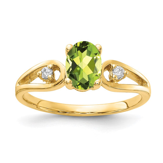 Solid 14k Yellow Gold 7x5mm Oval Simulated Peridot VS CZ Ring