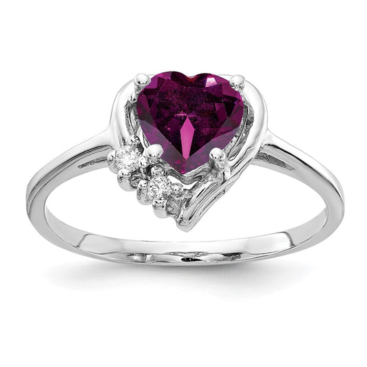 14k White Gold 6mm Heart Rhodolite Garnet AA Diamond ring