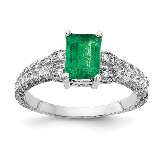 14k White Gold 7x5mm Emerald Cut Emerald AA Diamond ring