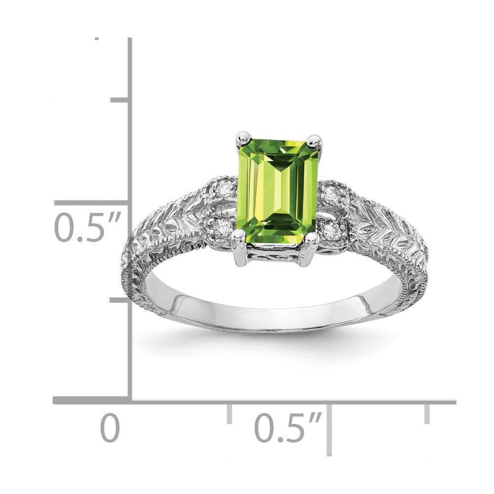 14k White Gold 7x5mm Emerald Cut Peridot A Diamond ring