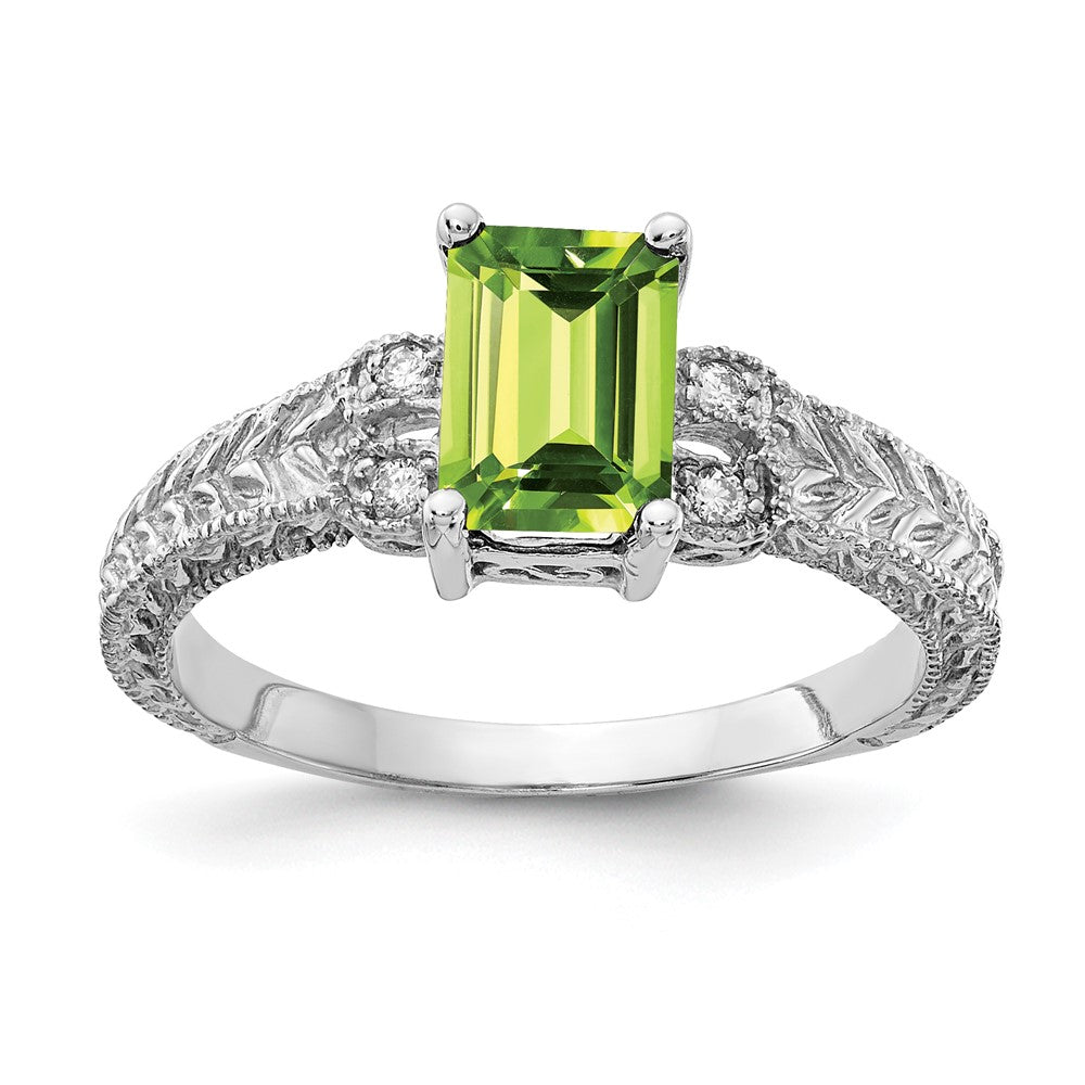 14k White Gold 7x5mm Emerald Cut Peridot A Diamond ring