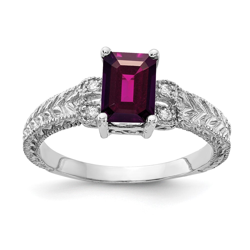 14k White Gold 7x5mm Emerald Cut Rhodolite Garnet A Diamond ring