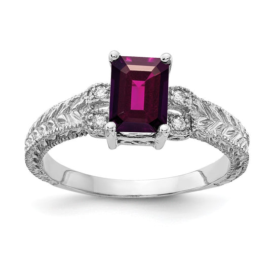 14k White Gold 7x5mm Emerald Cut Rhodolite Garnet AA Diamond ring