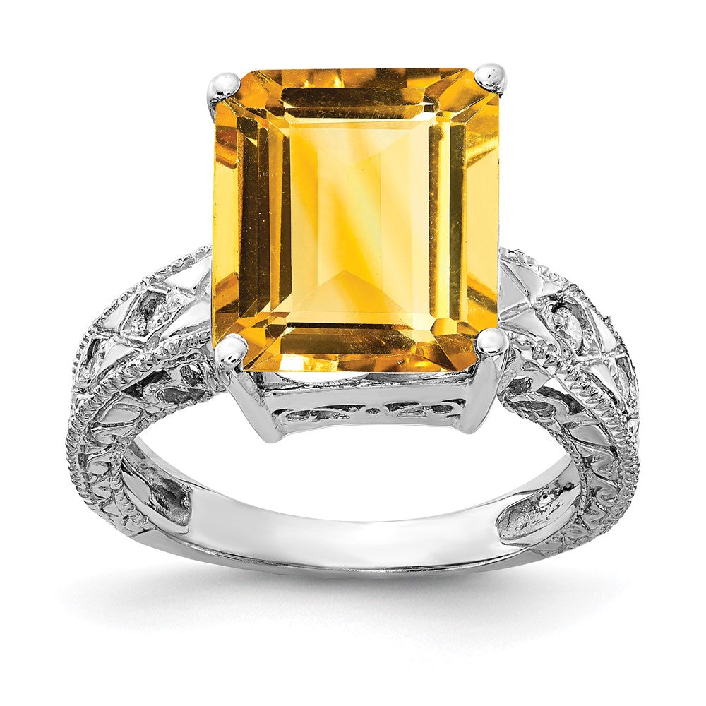 14k White Gold 12x10mm Emerald Cut Citrine AAA Diamond ring