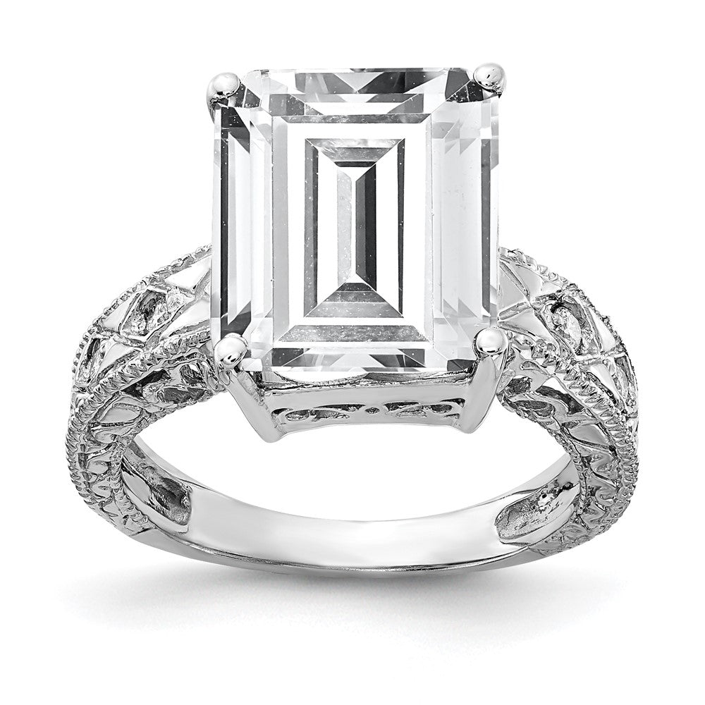 14k White Gold 12x10mm Emerald Cut Cubic Zirconia AA Diamond Ring