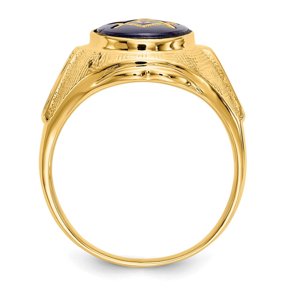 14k Yellow Gold Mens Polished Antiqued and Textured with Synthetic Blue Spinel Masonic Ring