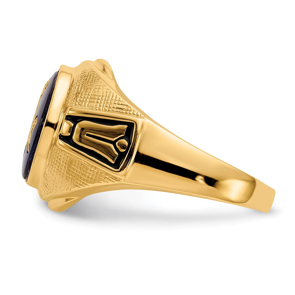 14k Yellow Gold Mens Polished Antiqued and Textured with Synthetic Blue Spinel Masonic Ring