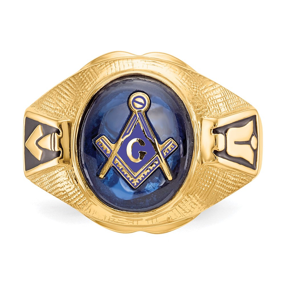 14k Yellow Gold Mens Polished Antiqued and Textured with Synthetic Blue Spinel Masonic Ring