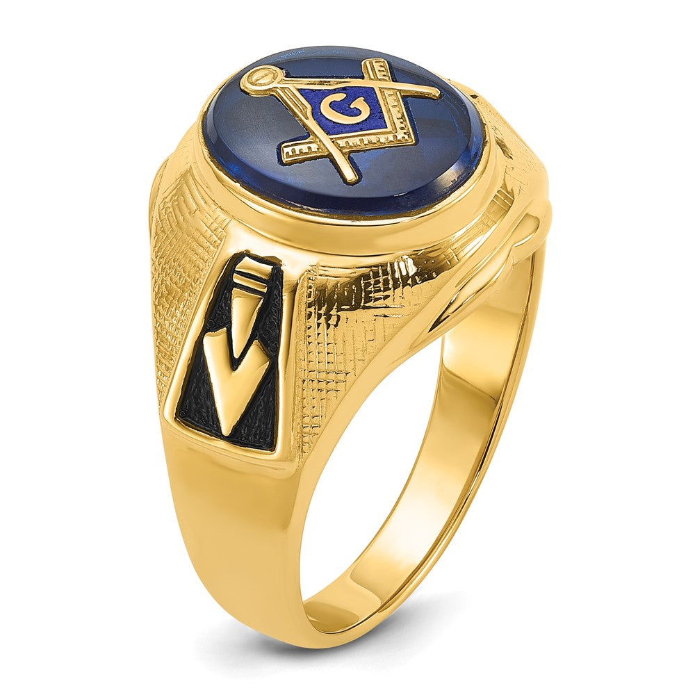 14k Yellow Gold Mens Polished Antiqued and Textured with Synthetic Blue Spinel Masonic Ring