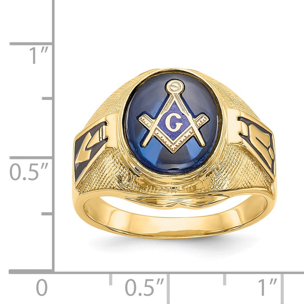 14k Yellow Gold Mens Polished Antiqued and Textured with Synthetic Blue Spinel Masonic Ring