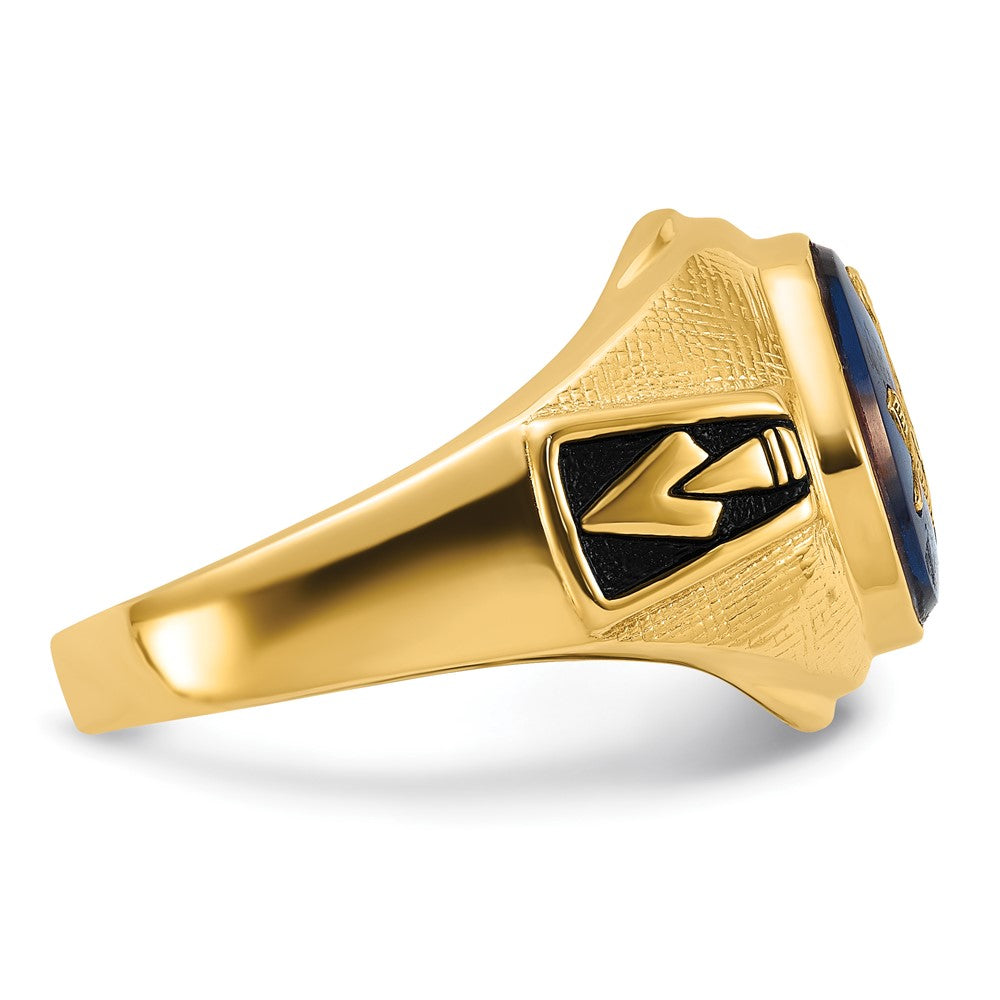 14k Yellow Gold Mens Polished Antiqued and Textured with Synthetic Blue Spinel Masonic Ring