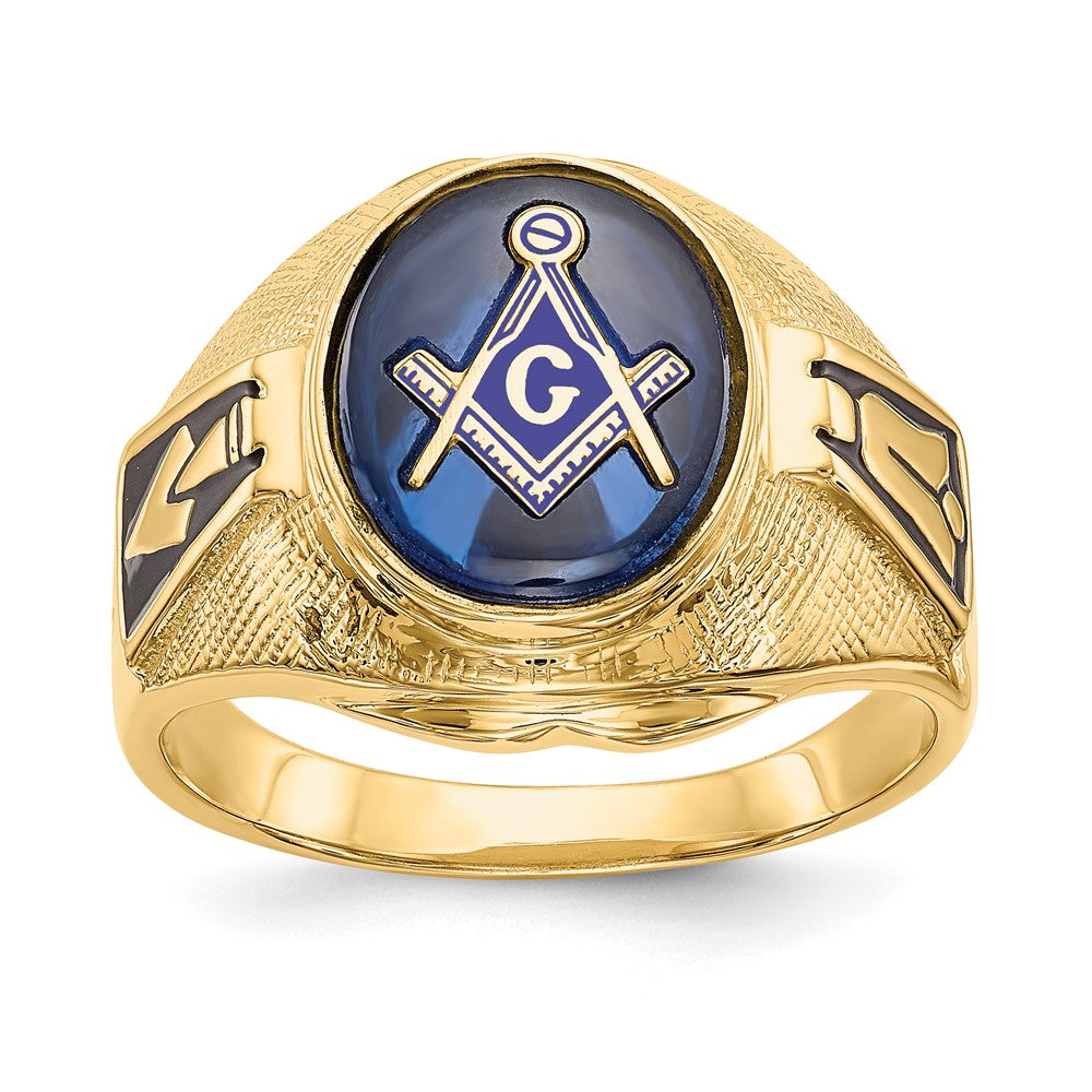 14k Yellow Gold Mens Polished Antiqued and Textured with Synthetic Blue Spinel Masonic Ring