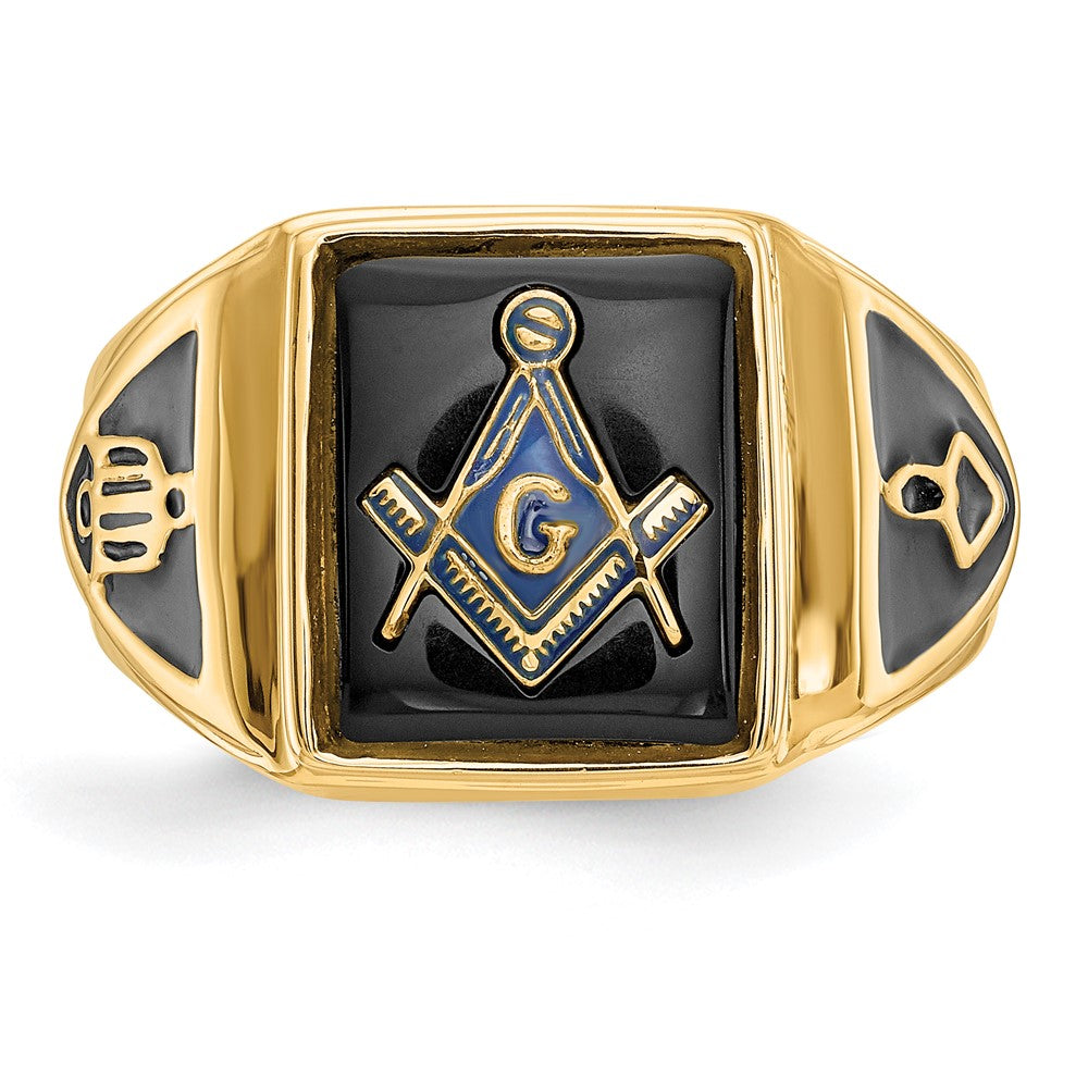 14k Yellow Gold Mens Polished Antiqued & Textured Onyx Masonic Ring