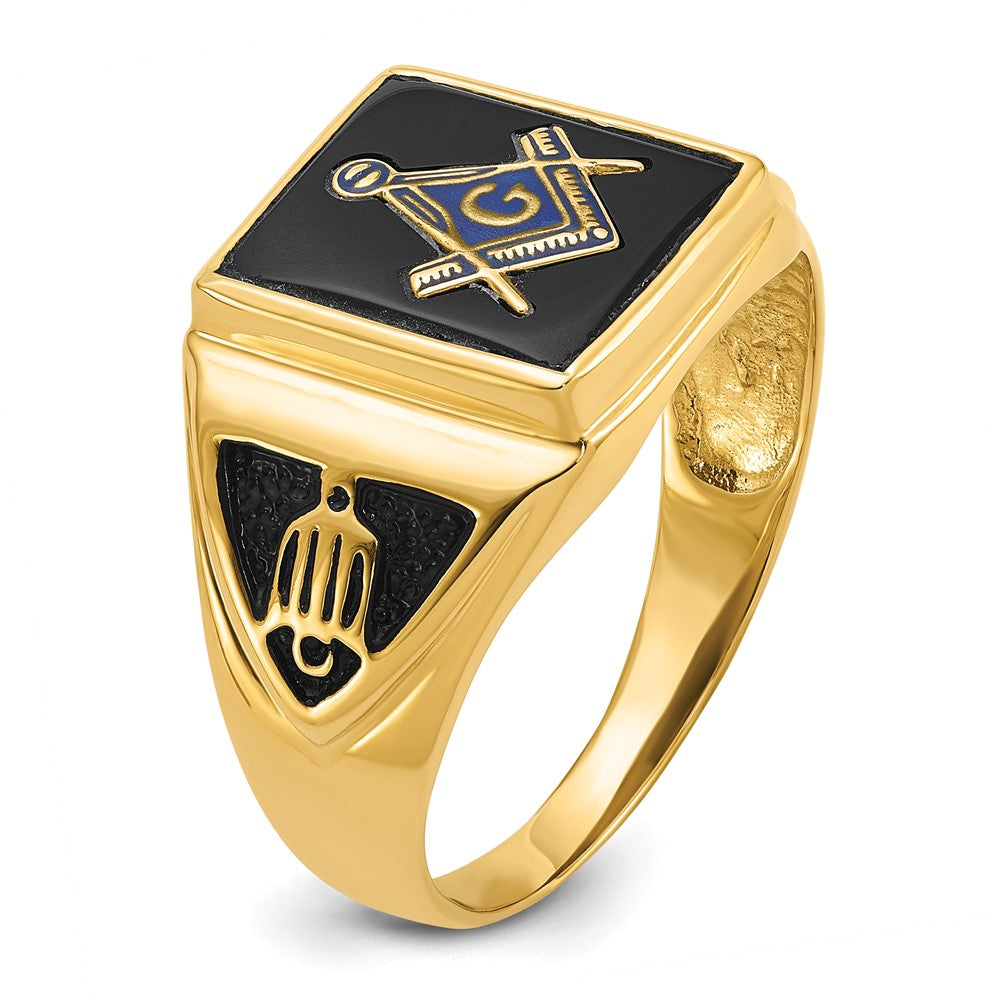 14k Yellow Gold Mens Polished Antiqued & Textured Onyx Masonic Ring