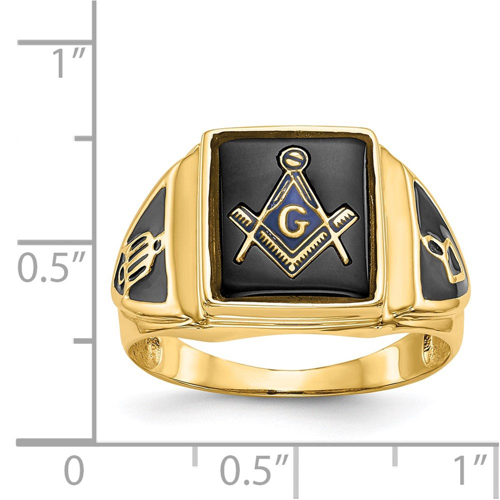 14k Yellow Gold Mens Polished Antiqued & Textured Onyx Masonic Ring