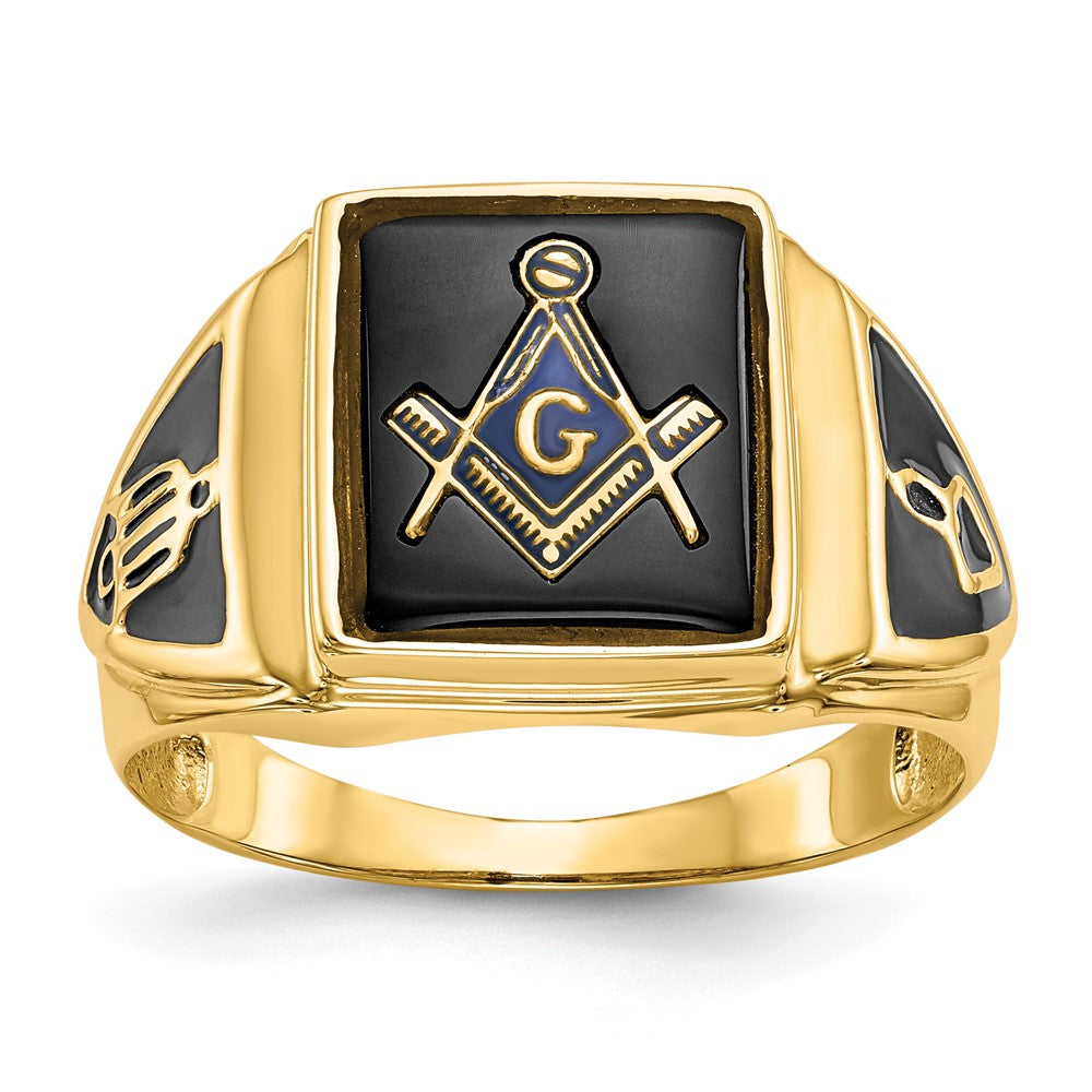 14k Yellow Gold Mens Polished Antiqued & Textured Onyx Masonic Ring