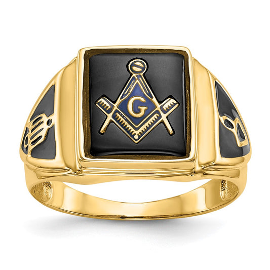 14k Yellow Gold Mens Polished Antiqued & Textured Onyx Masonic Ring