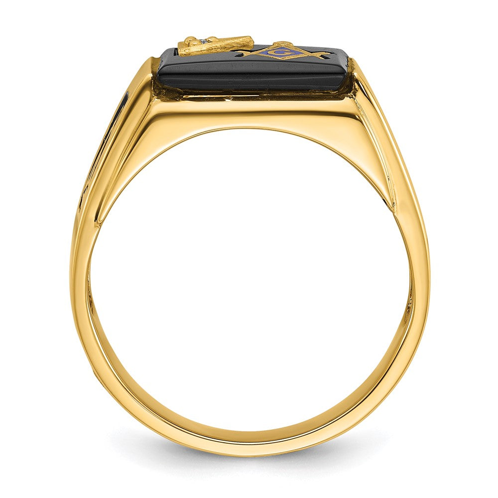 14k Yellow Gold Mens Polished and Textured with Black Enamel Onyx and AA Quality Diamond Masonic Ring