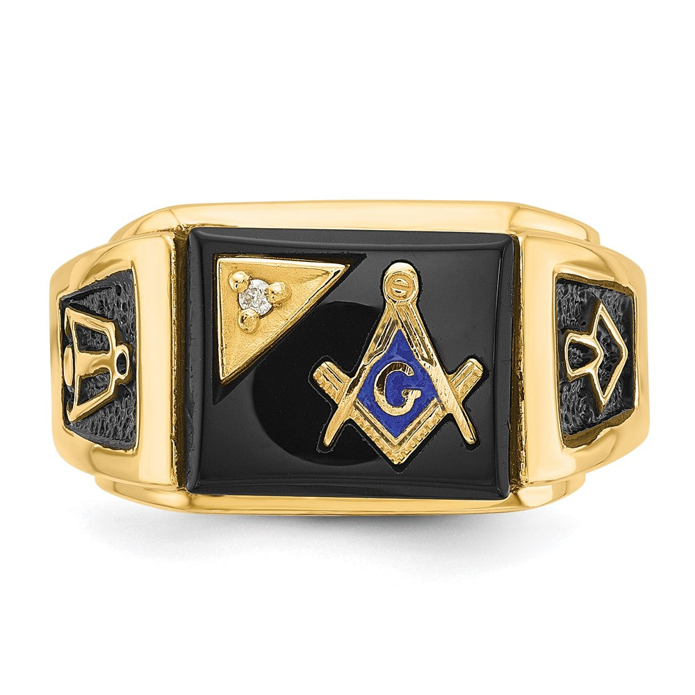 14k Yellow Gold Mens Polished and Textured with Black Enamel Onyx and AA Quality Diamond Masonic Ring