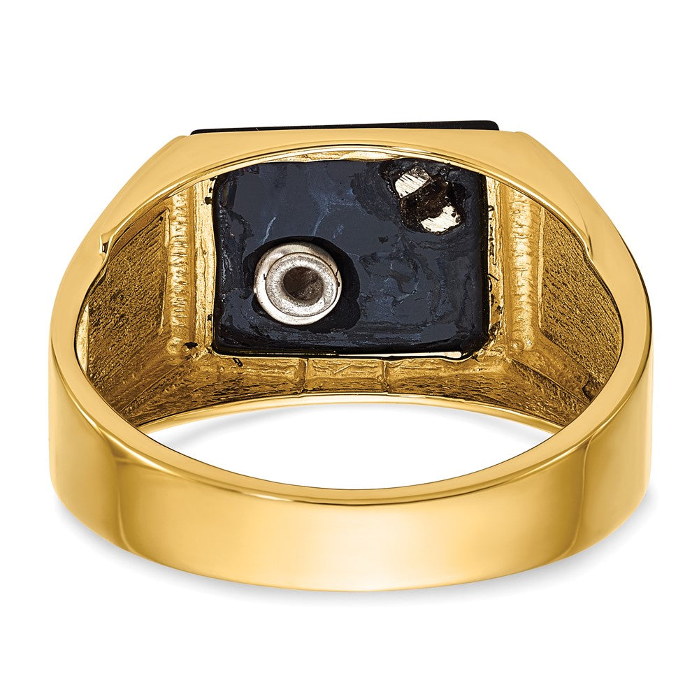 14k Yellow Gold Mens Polished and Textured with Black Enamel Onyx and AA Quality Diamond Masonic Ring