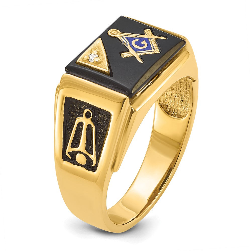 14k Yellow Gold Mens Polished and Textured with Black Enamel Onyx and AA Quality Diamond Masonic Ring