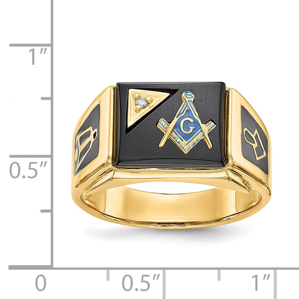 14k Yellow Gold Mens Polished and Textured with Black Enamel Onyx and AA Quality Diamond Masonic Ring