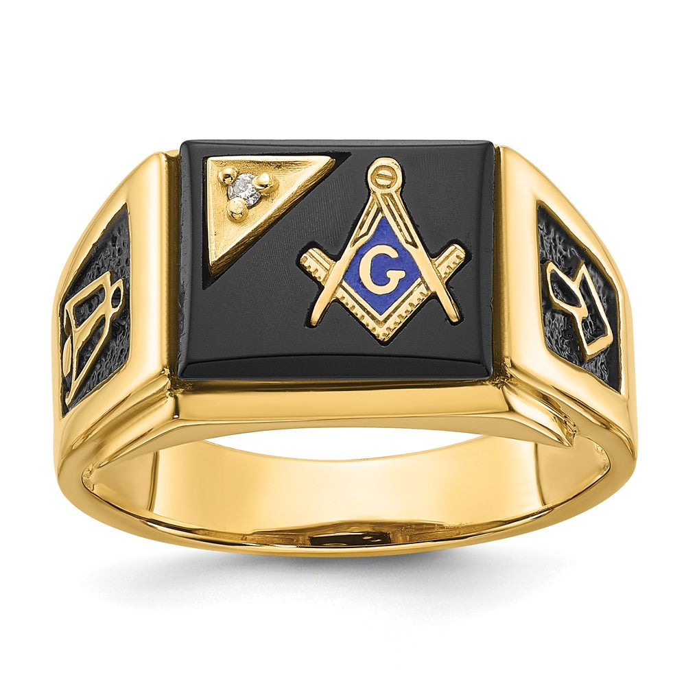 14k Yellow Gold Mens Polished and Textured with Black Enamel Onyx and AA Quality Diamond Masonic Ring